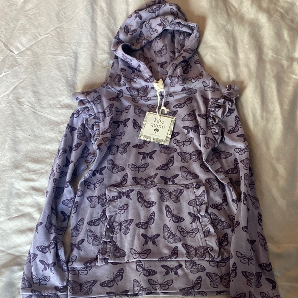 Kate Quinn 100% organic cotton purple butterfly ruffle sweatshirt, 6, NWT